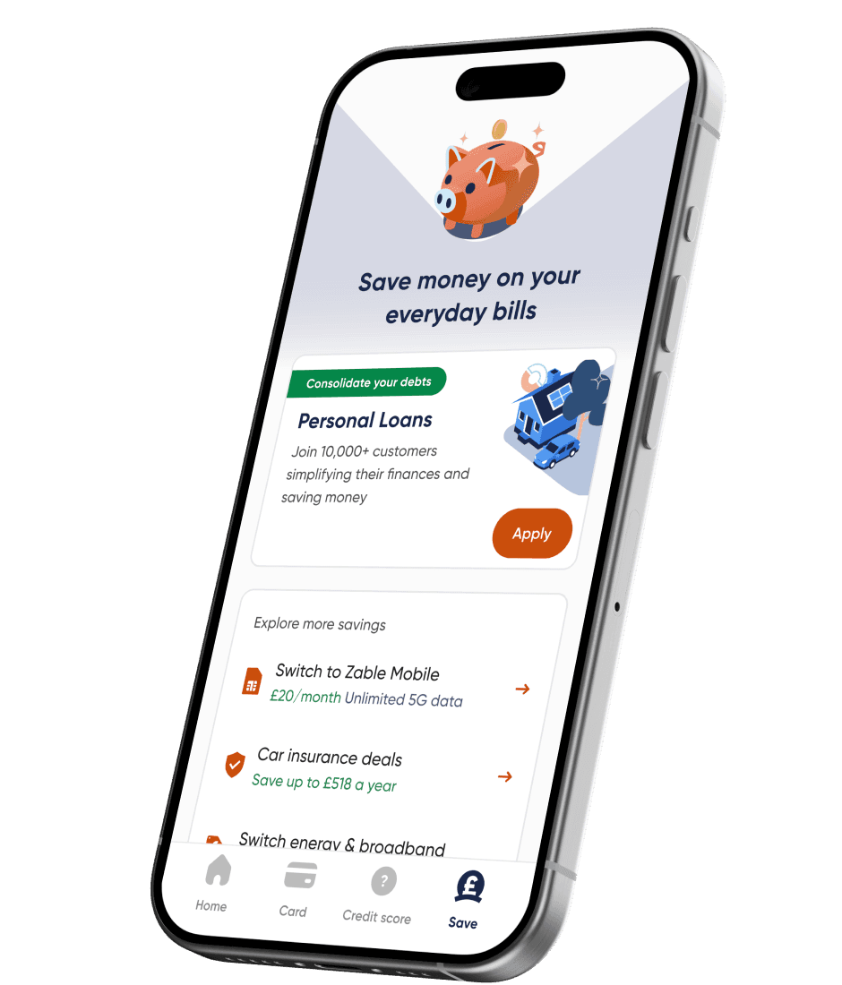 Zable app on a phone showing financial management features