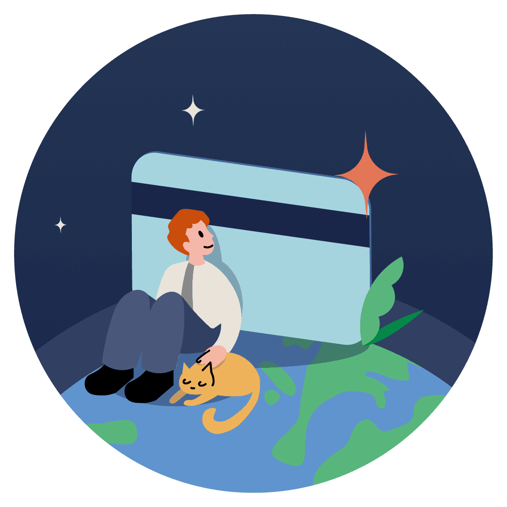 Illustration of a person sat on the earth leaning back against a credit card looking out to space